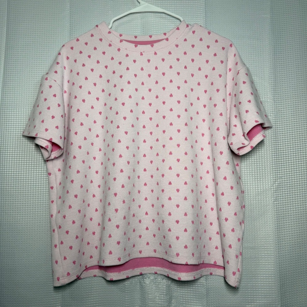 Sunkissed‎ Coconut Heart Print Waffle Knit Top Small Pink Short Sleeve Relaxed